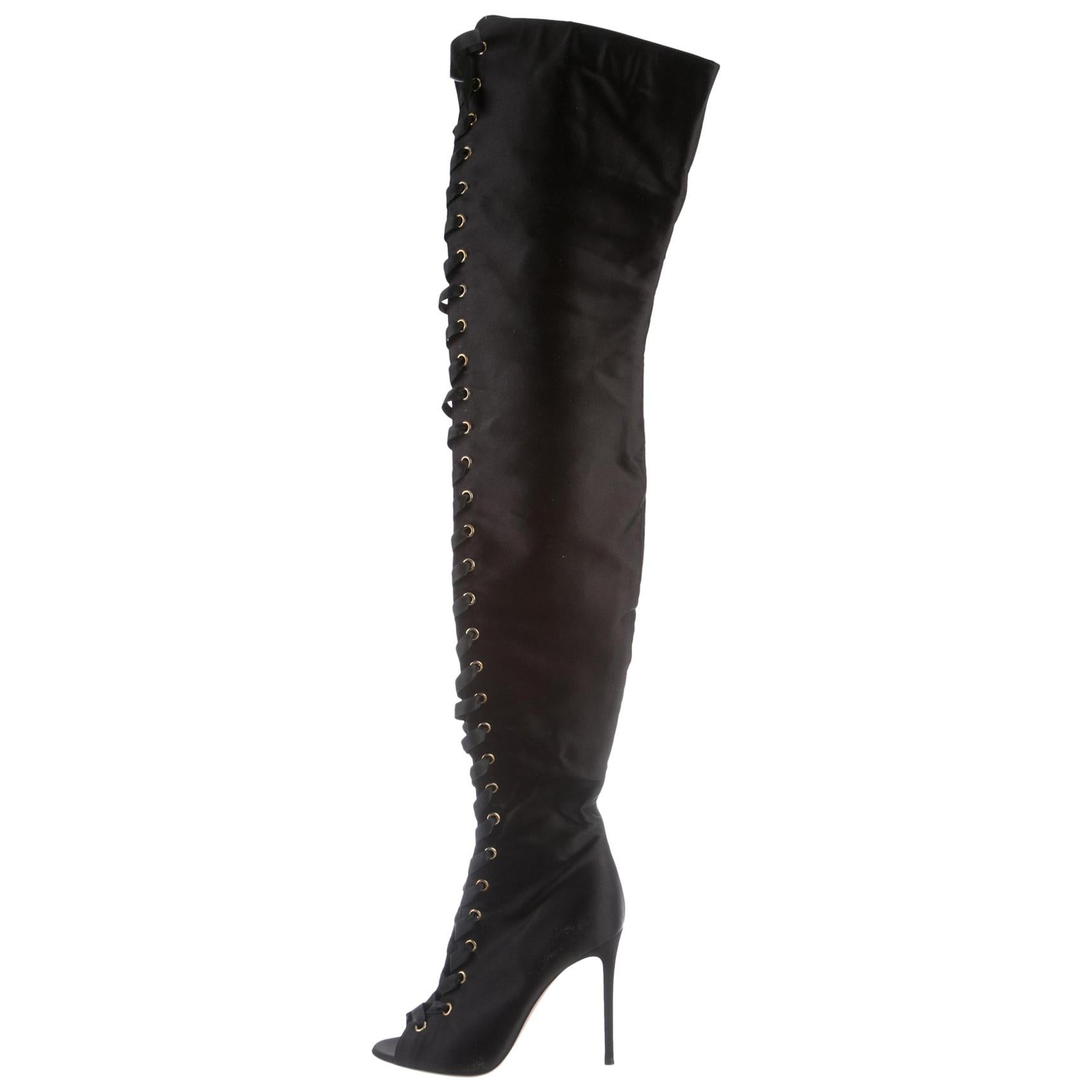 Gianvito Rossi NEW Black Satin Lace Up Thigh High Evening Heels Boots in Box