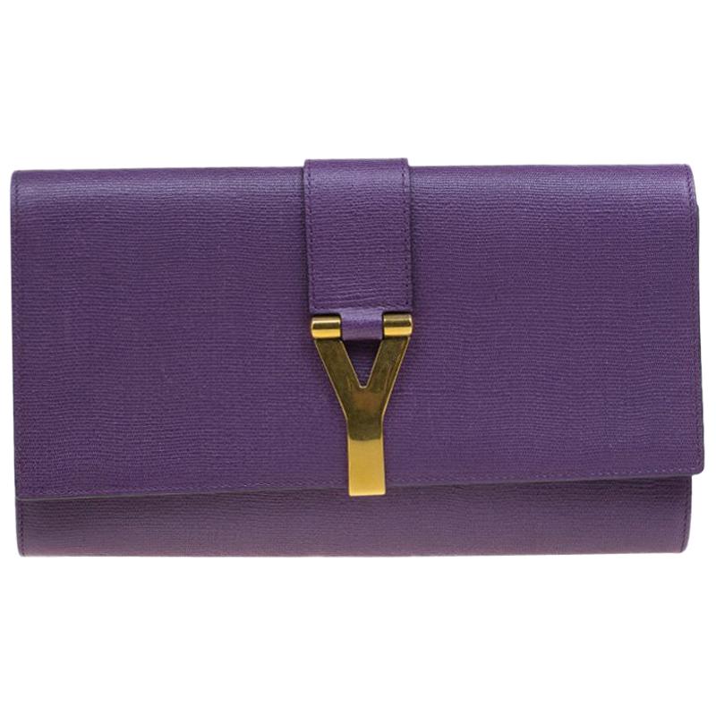 Saint Laurent Paris Purple Leather Large Chyc Clutch