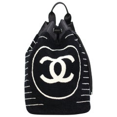 Chanel Dark Navy Blue Striped CC Logo Drawstring Large Beach Tote Bag Vintage