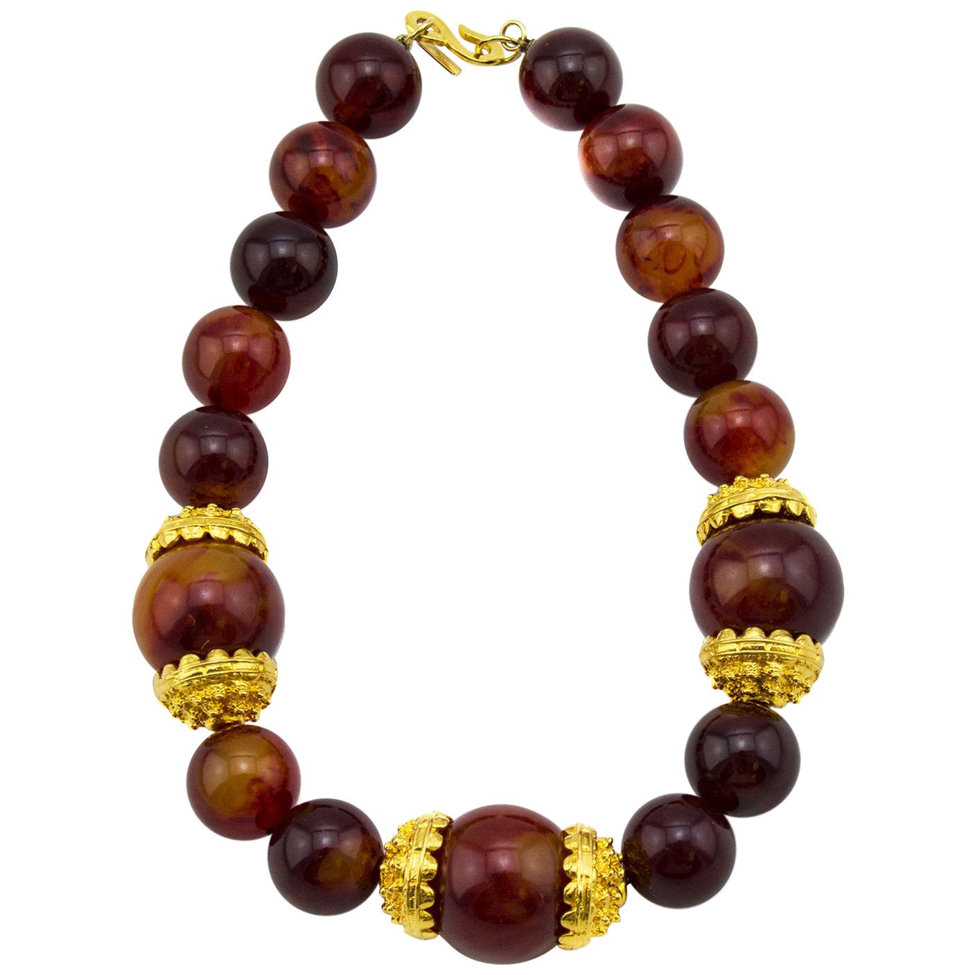 Early 1980s KJL Faux Amber Oversized Bead Necklace For Sale