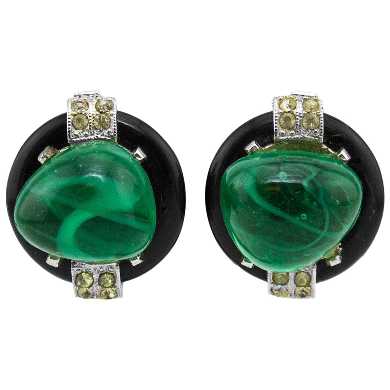 1980s KJL Faux Emerald  Cabochon Clip Earrings