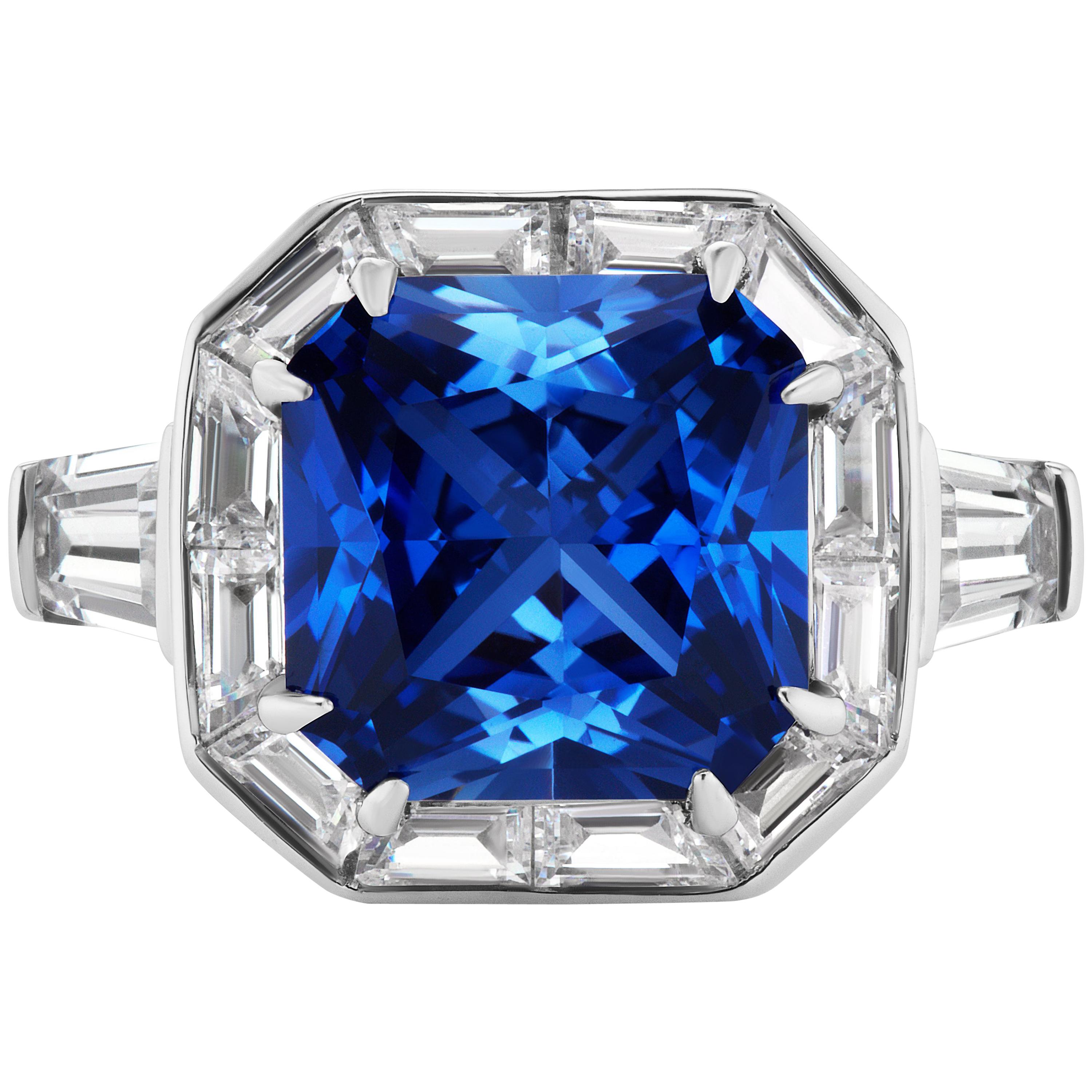 Art Deco Style Square Synthetic Sapphire Halo Style Sterling Silver Ring