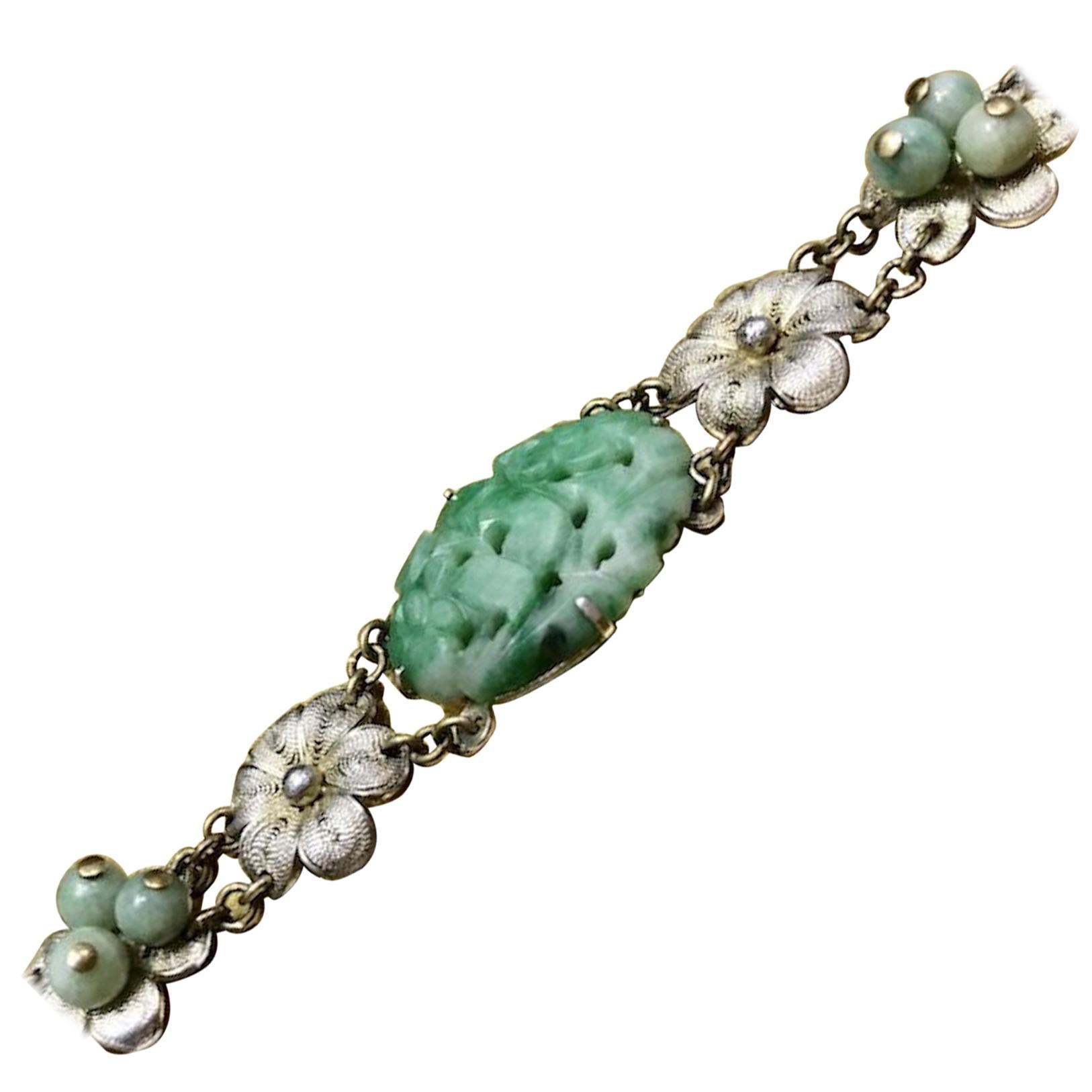 1920s Vintage Late Art Nouveau Carved Jade Sterling Silver Floral Bracelet  For Sale