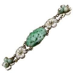 1920s Antique Late Art Nouveau Carved Jade Sterling Silver Floral Bracelet