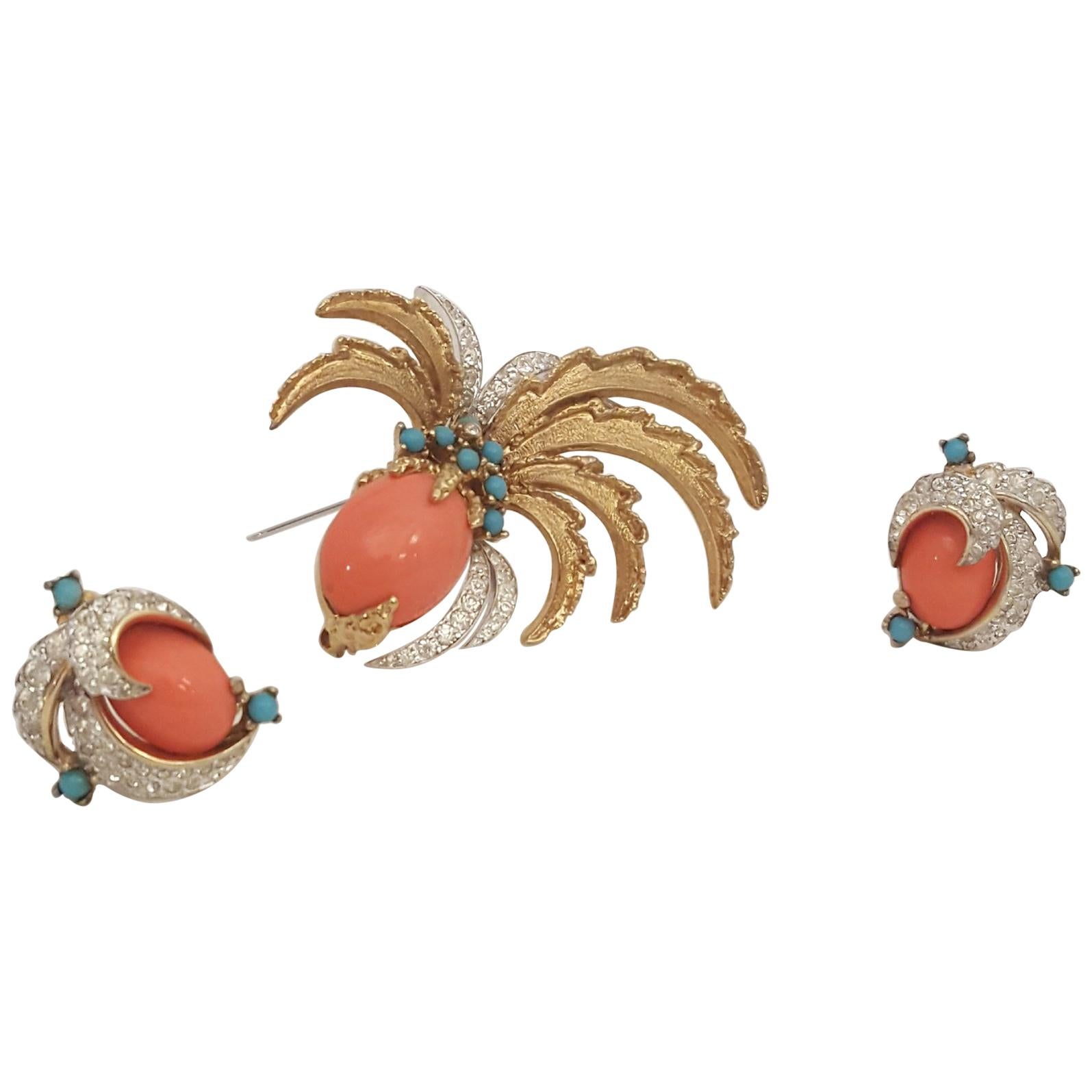 Jomaz Goldtone Coral, Turquoise and Crystals Brooch and Earrings