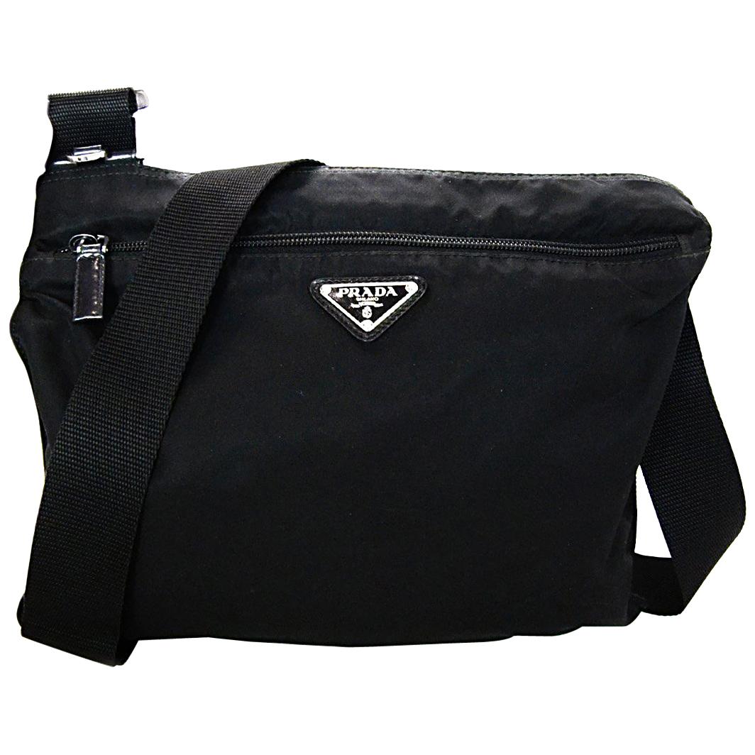 Prada Black Tessuto Nylon Flat Messenger Crossbody Bag W/ Front Zip Pocket