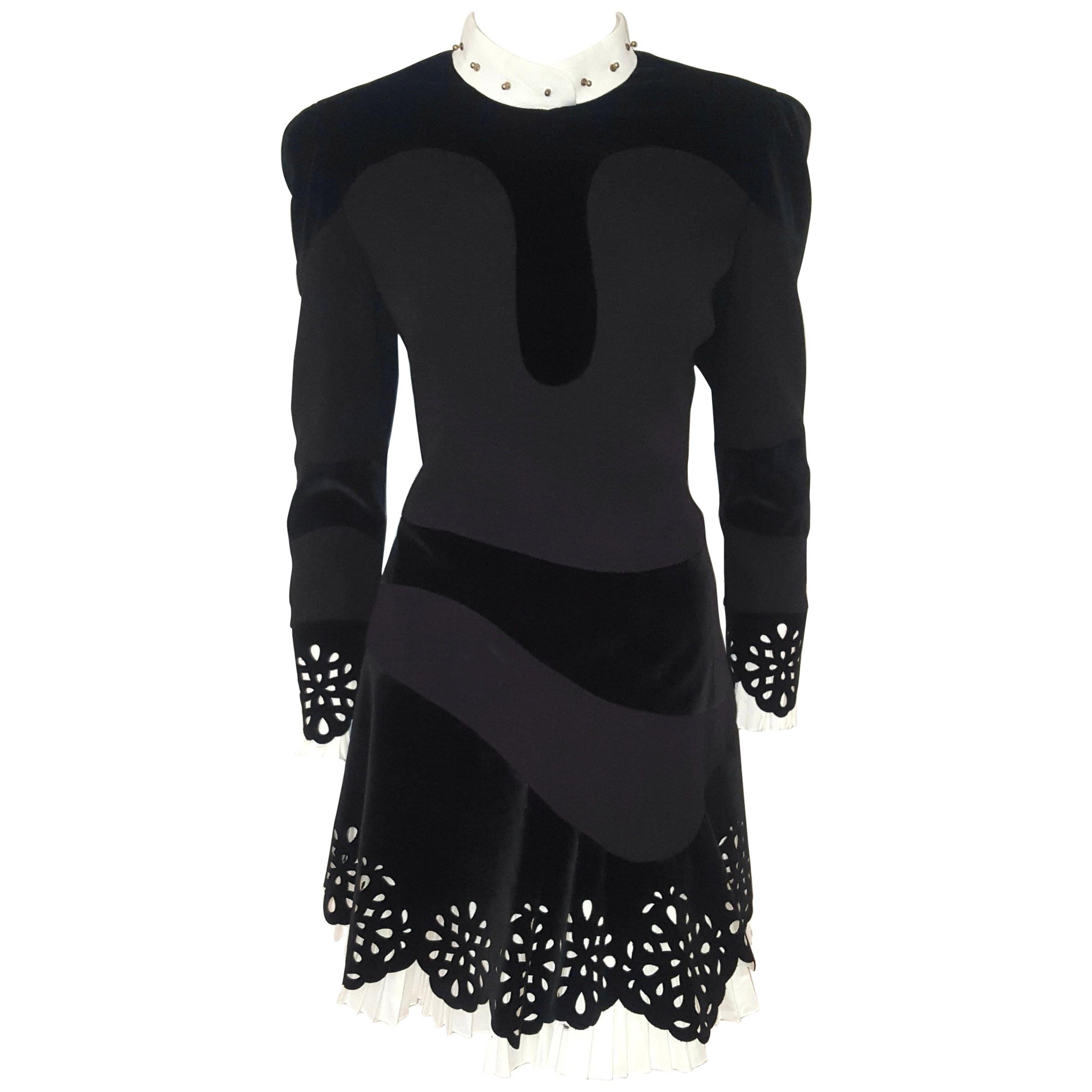 Alexander McQueen Black & White Multi Fabric Laser Cut 2012 Runway Dress  For Sale