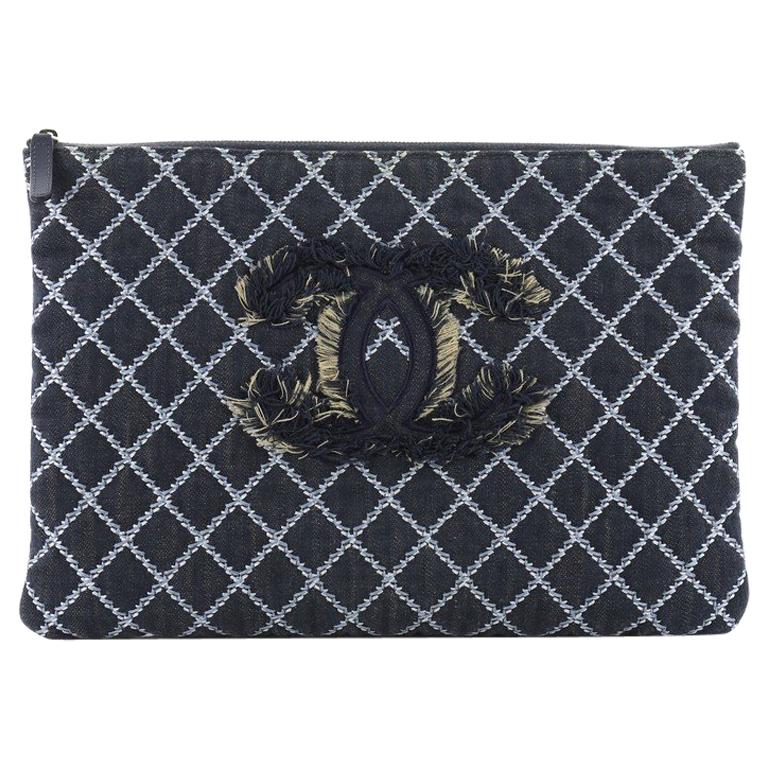 Chanel O Case Clutch Quilted Denim Large