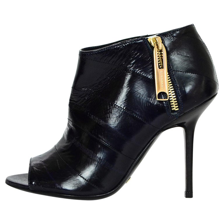 Burberry Navy Blue Eel Skin Open Peep Toe High Heel Ankle Boots Sz 35 For Sale at 1stDibs