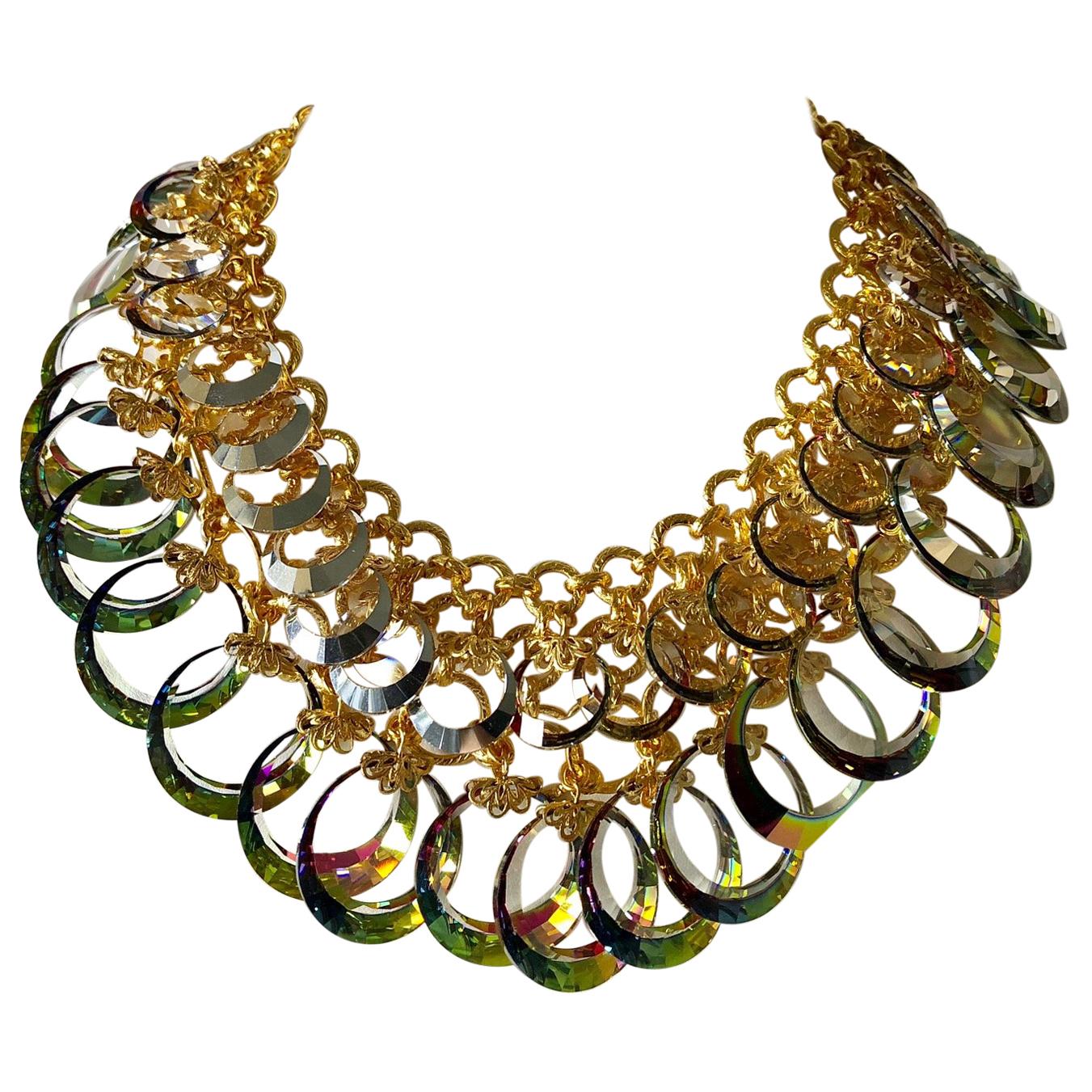 Vintage French Haute Couture Gold Crystal Statement Bib Necklace 