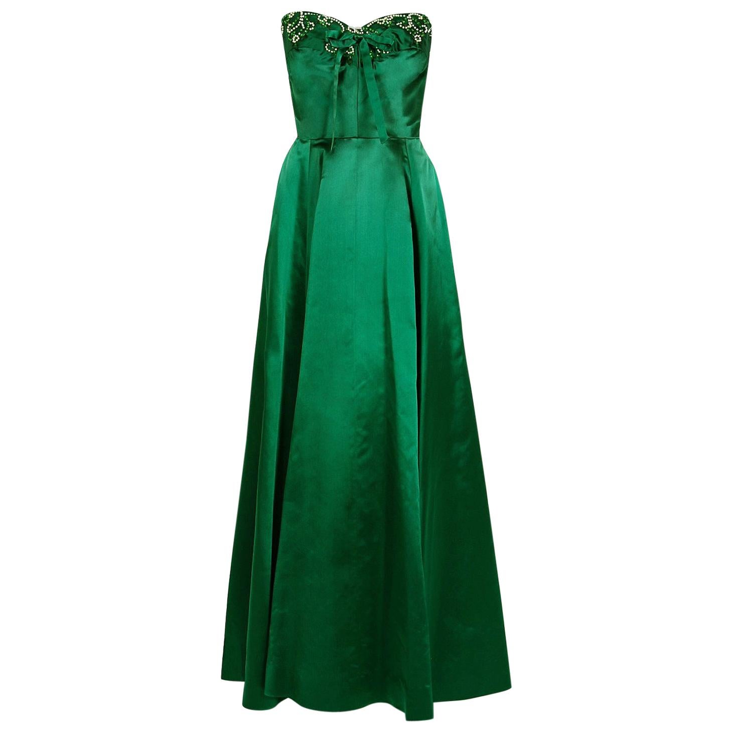 1950's Helga Couture Emerald-Green Beaded Satin Strapless Bombshell Evening Gown