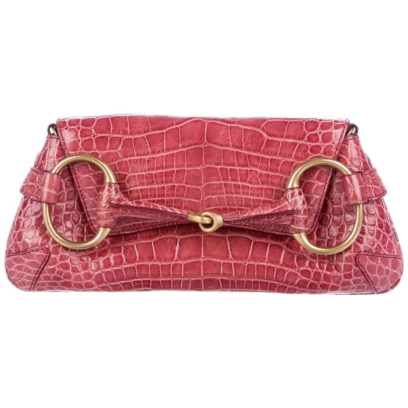 Gucci Alligator Leather Gold Evening 2 in 1 Envelope Clutch Shoulder Flap Bag