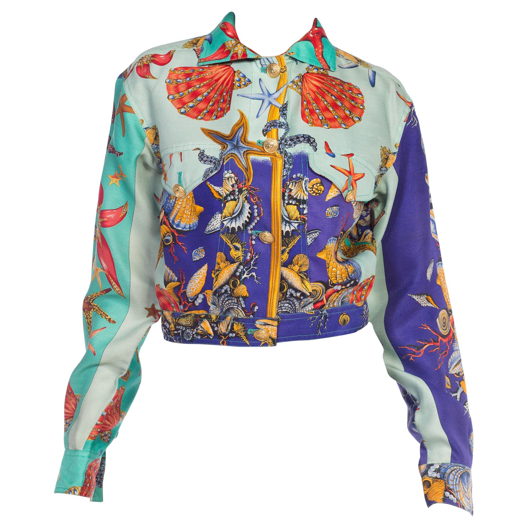 1990s Versace Sea Shell Print Silk Cropped Jacket