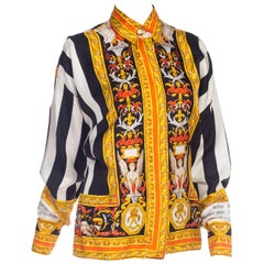 1990S ATELIER GIANNI VERSACE Black & White Striped Silk Baroque Printed Shirt