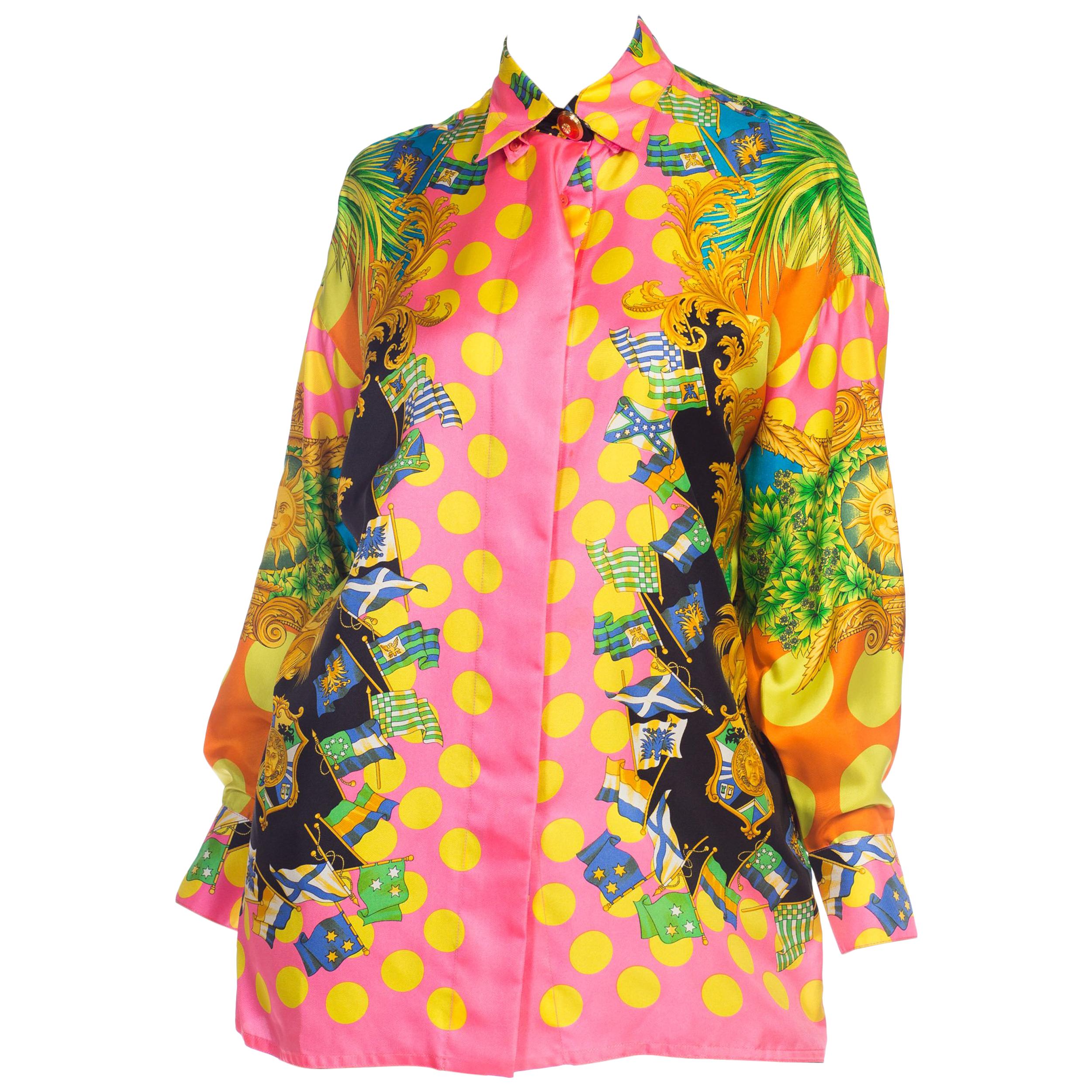 1990S  GIANNI VERSACE Miami Collection Tropical Silk Blouse Top