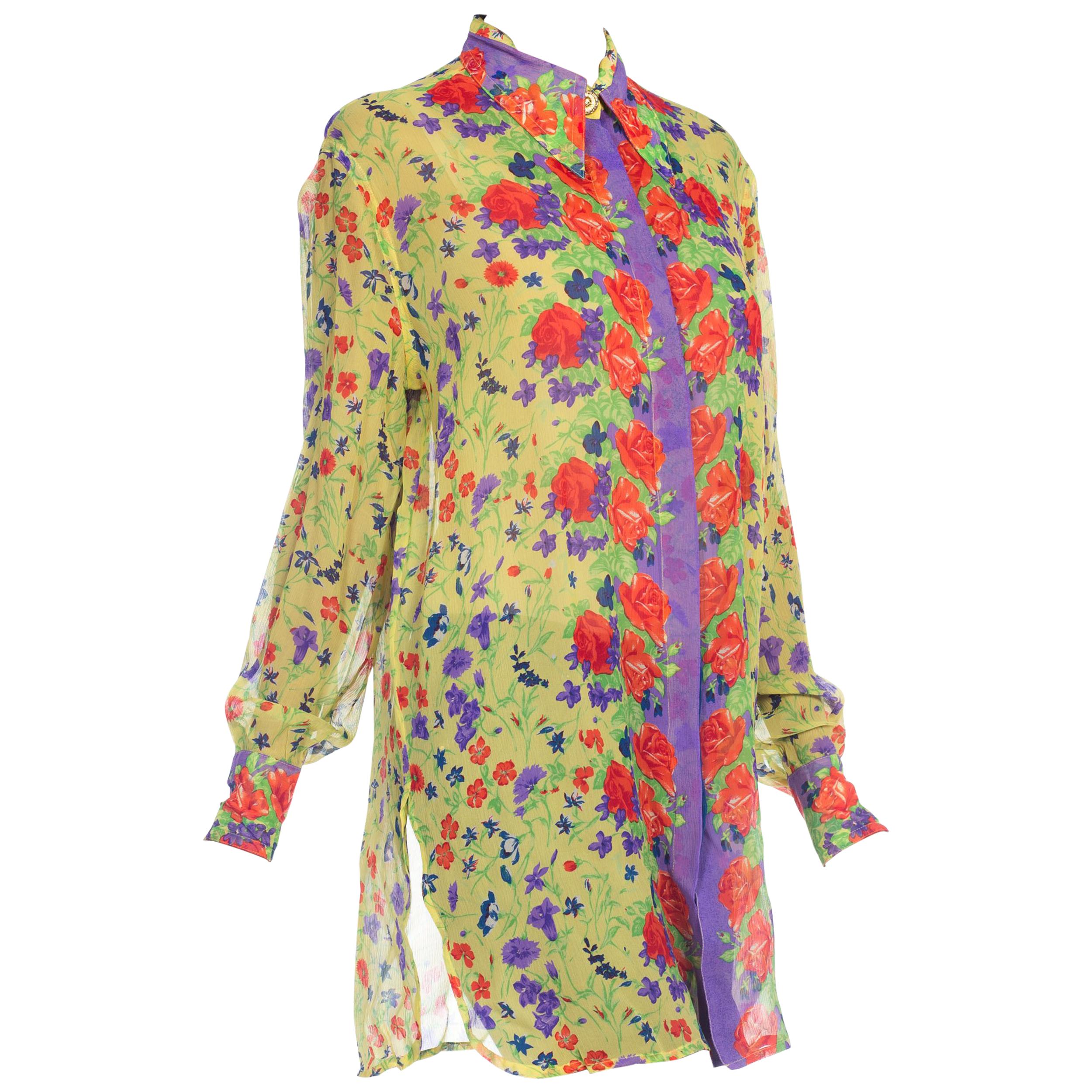 1990S  GIANNI VERSACE Floral Printed Silk Chiffon Sheer Oversized Shirt Sz 42