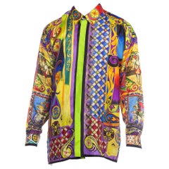 1990S GIANNI VERSACE Silk Men's Medieval Print Shirt With Metallic Gold Accents