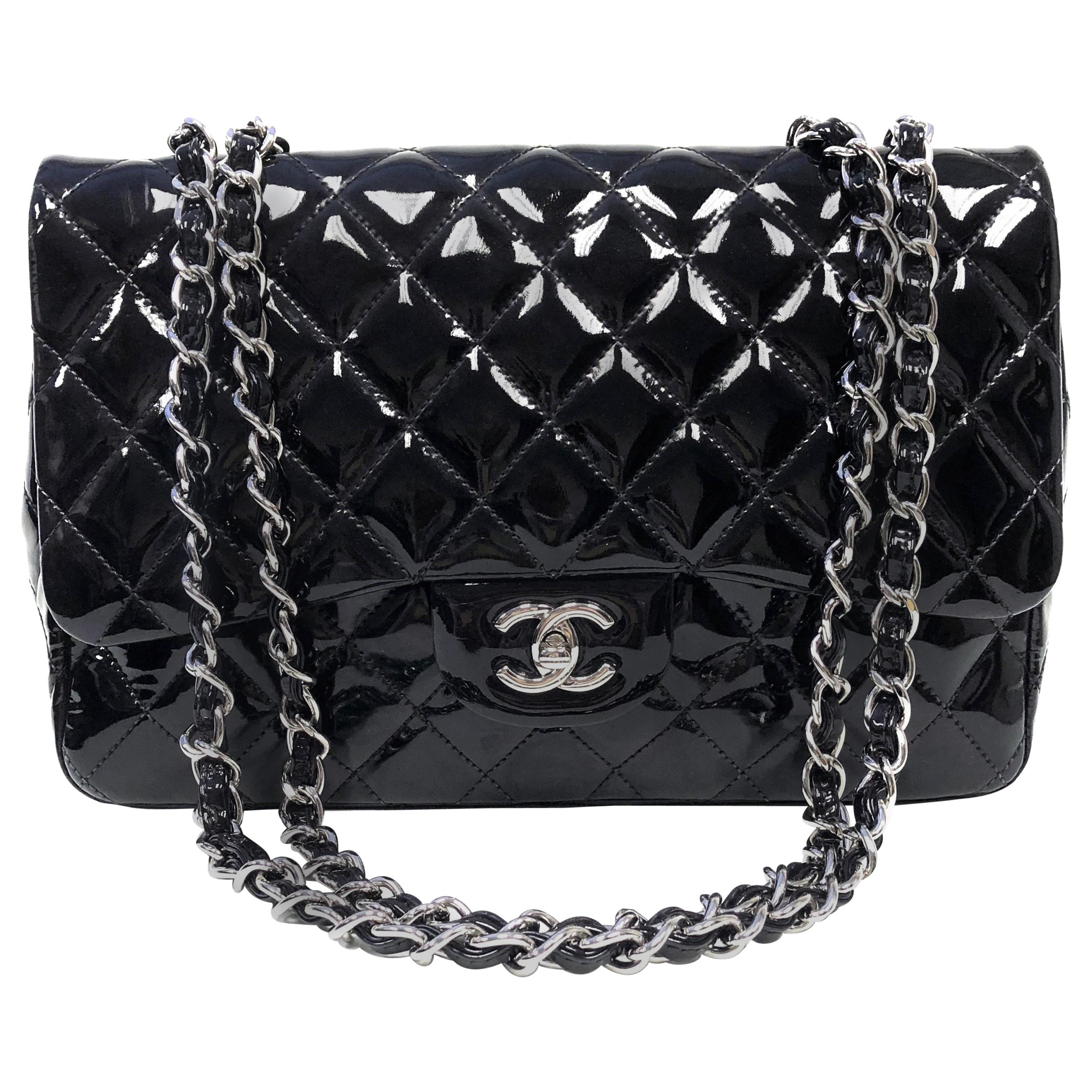 Chanel Classic Quilted Jumbo Single Flap Black Patent Bag 