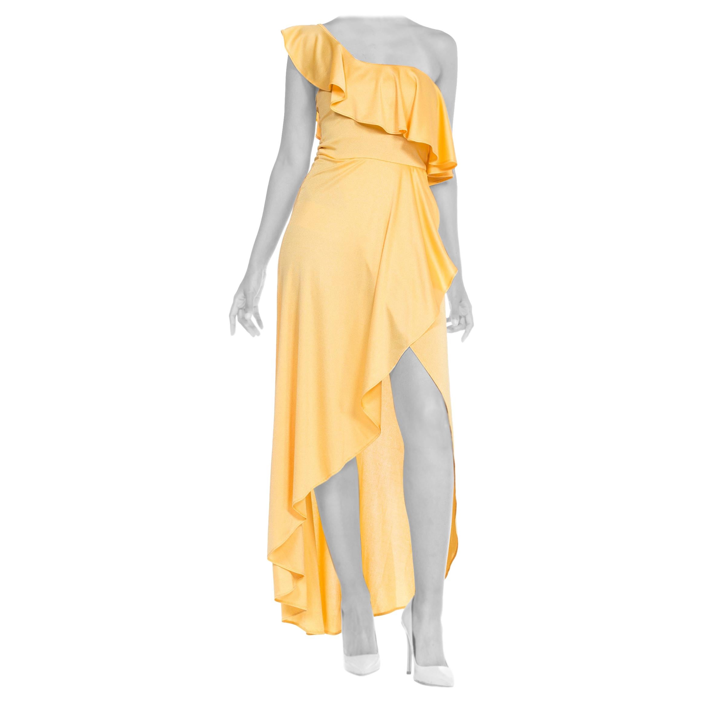 1970s Slinky One Shoulder Yellow Jersey Dress