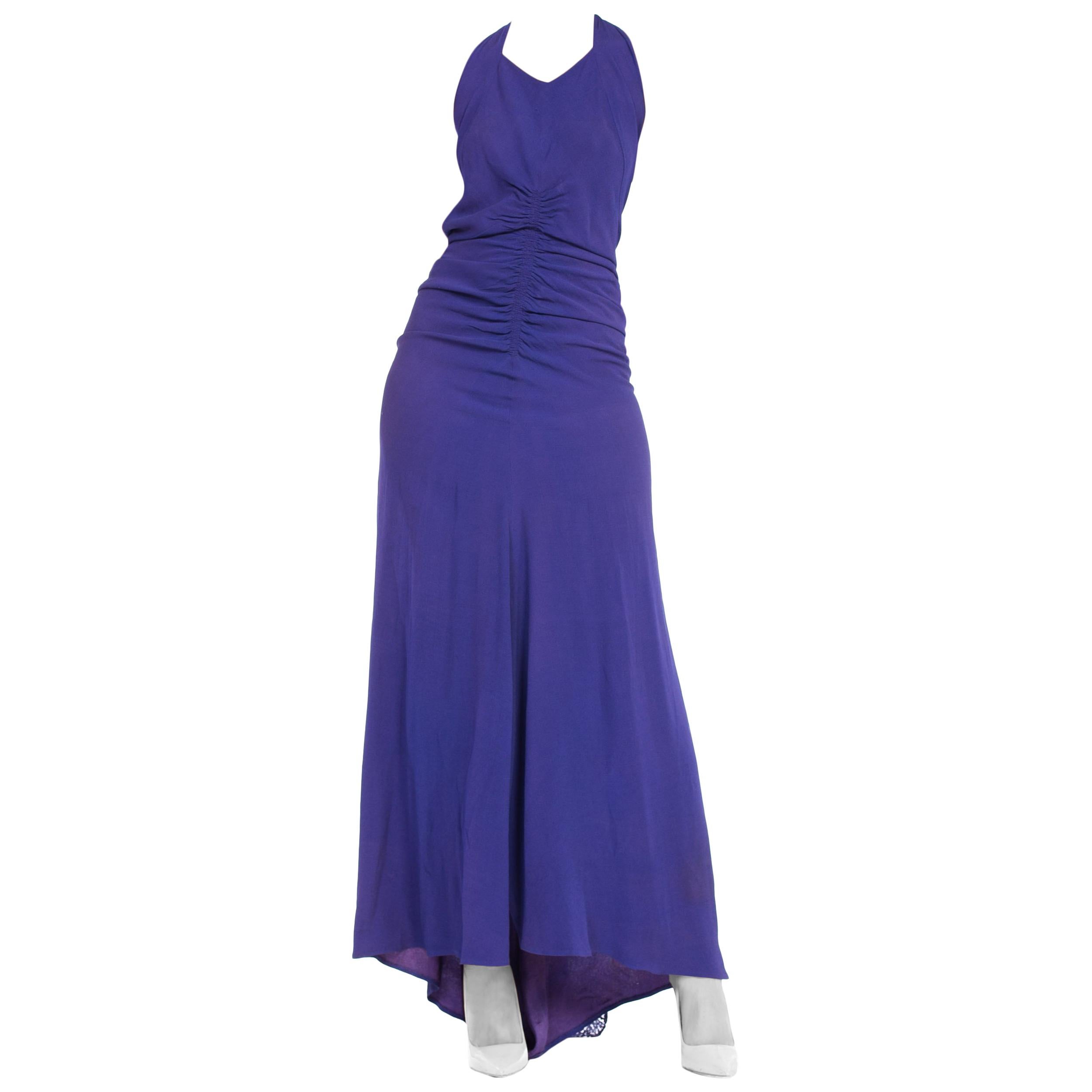 1930S Purple Rayon Blend Crepe Back Satin Bias Cut Gown From Paris With Dramati For Sale