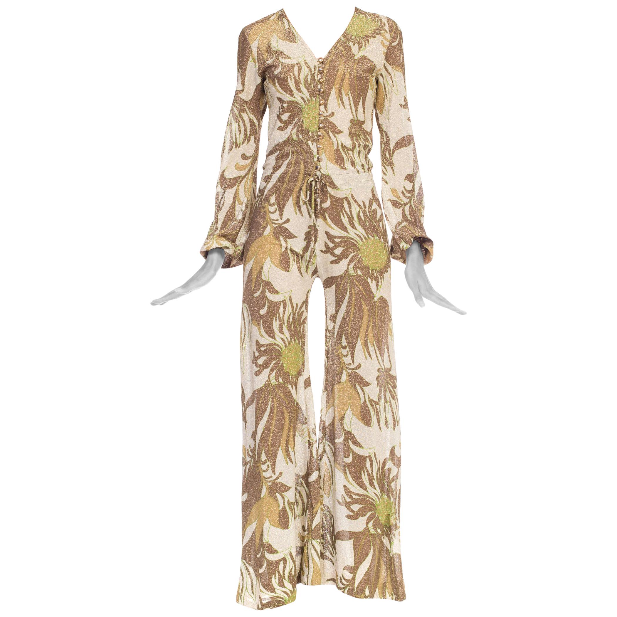 Gold Lurex 1970s / 1960s Floral Disco Jumpsuit