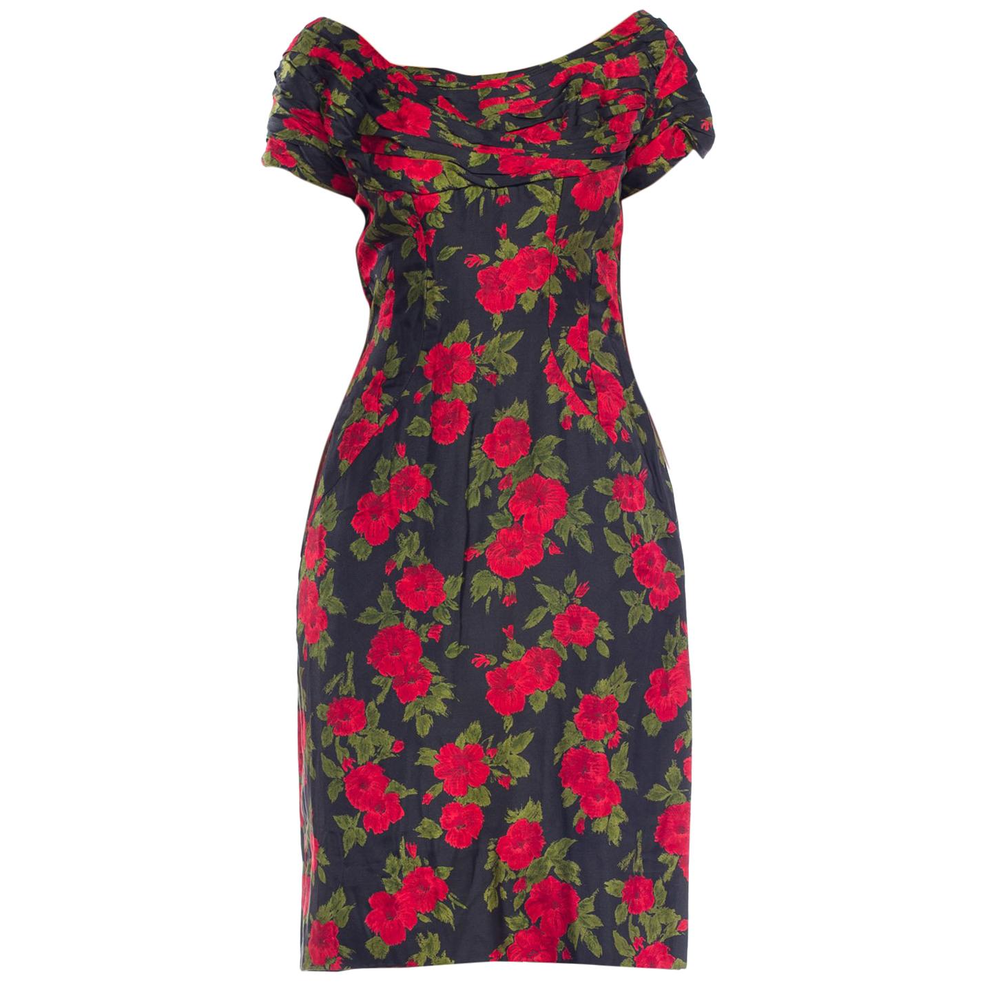 1950S DOLCE & GABBANA Style Silk Twill Red Black Classic Rose Floral Printed Dr