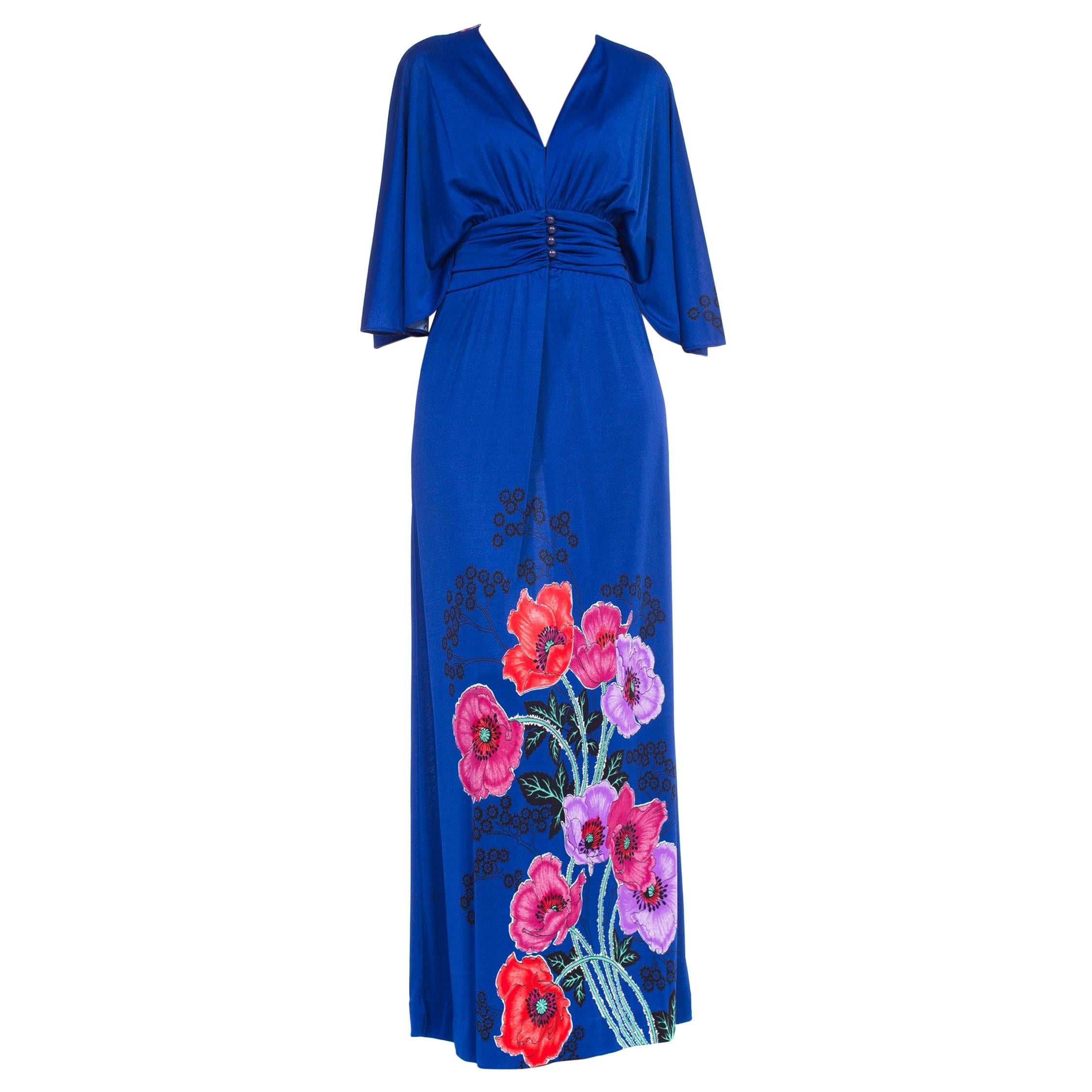 1970S GIORGIO BEVERLY HILLLS Cobalt Blue Polyester Jersey Low Cut Disco Dress