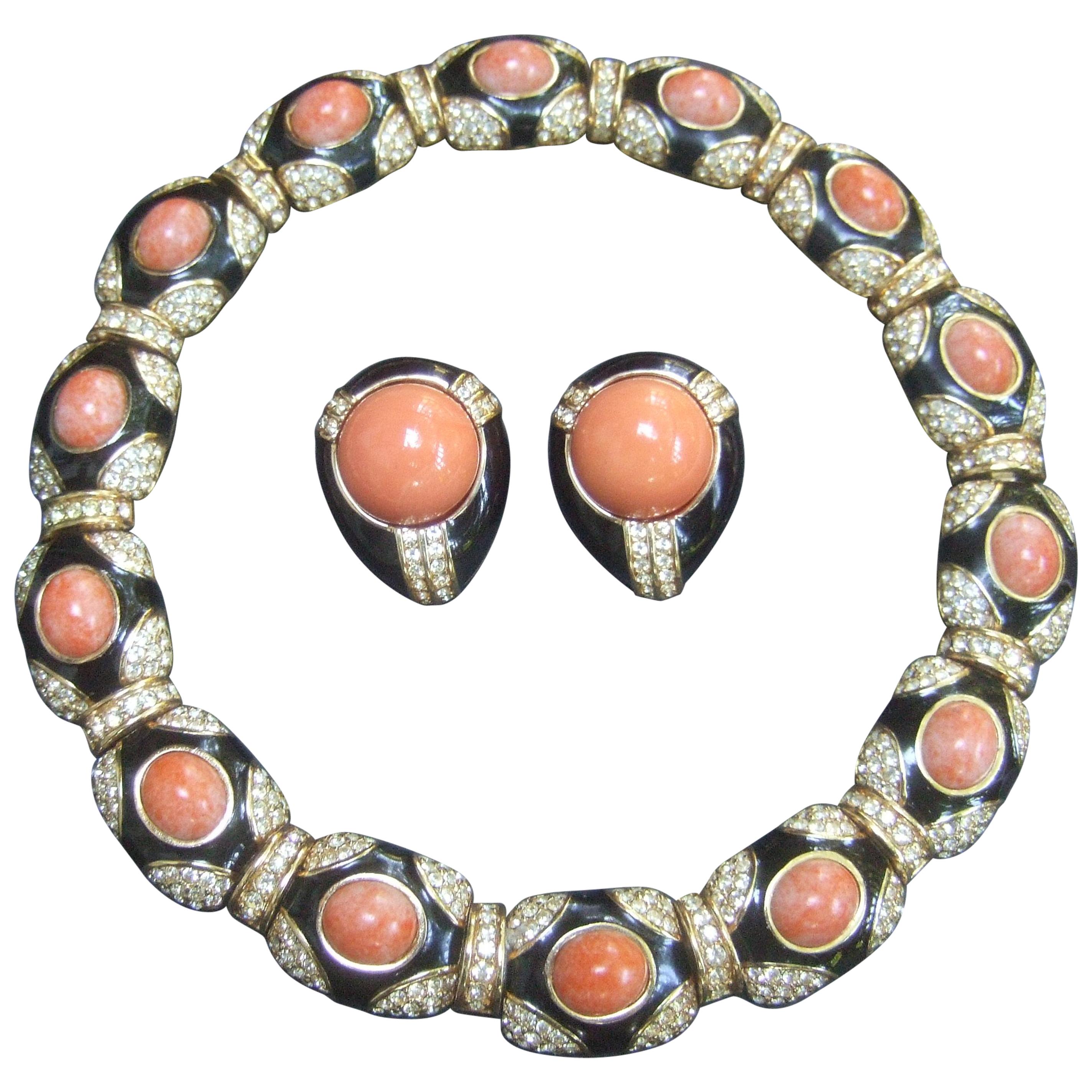 Ciner Coral Resin Jeweled Choker & Earring Ensemble circa 1980 For Sale
