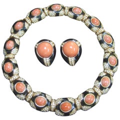 Vintage Ciner Coral Resin Jeweled Choker & Earring Ensemble circa 1980