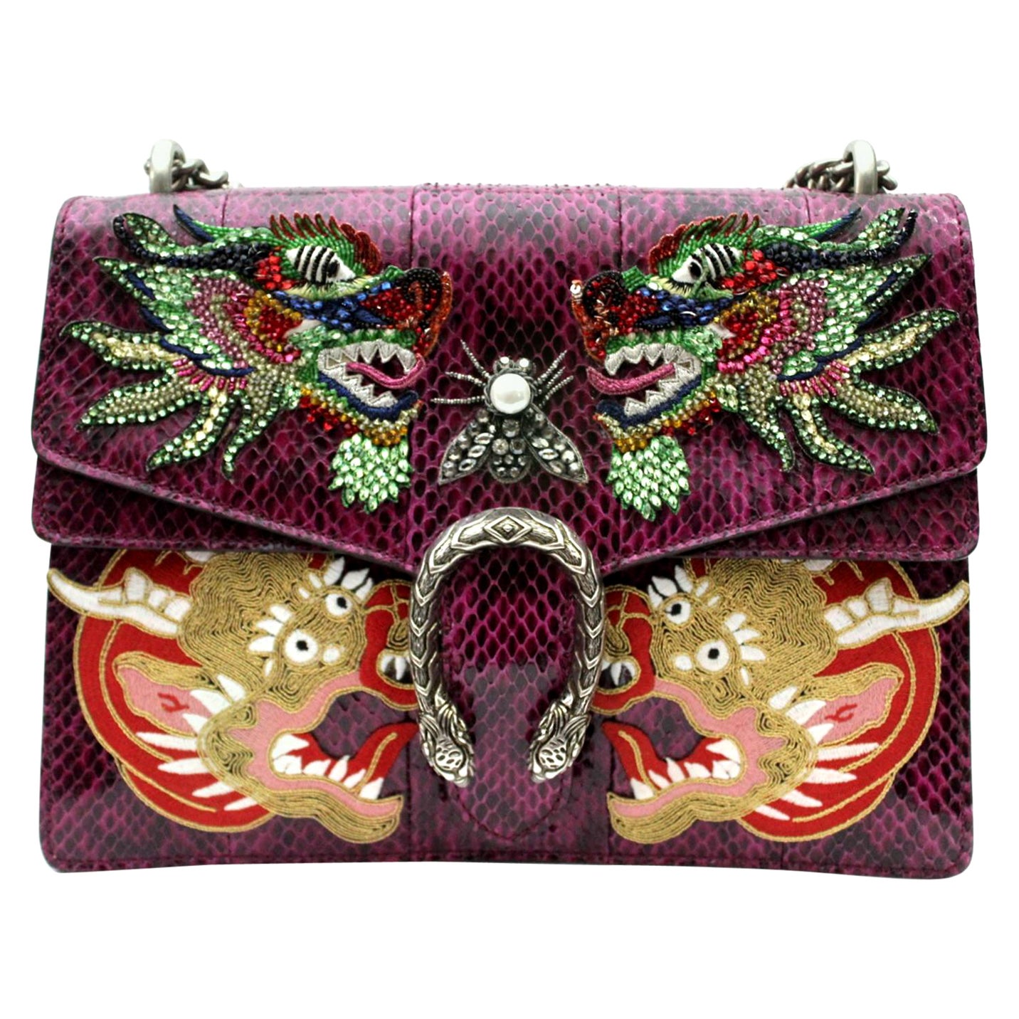 Gucci Dionysus Purple Snakeskin Leather Bag Embroidery Dragons Tiger Head Buckle