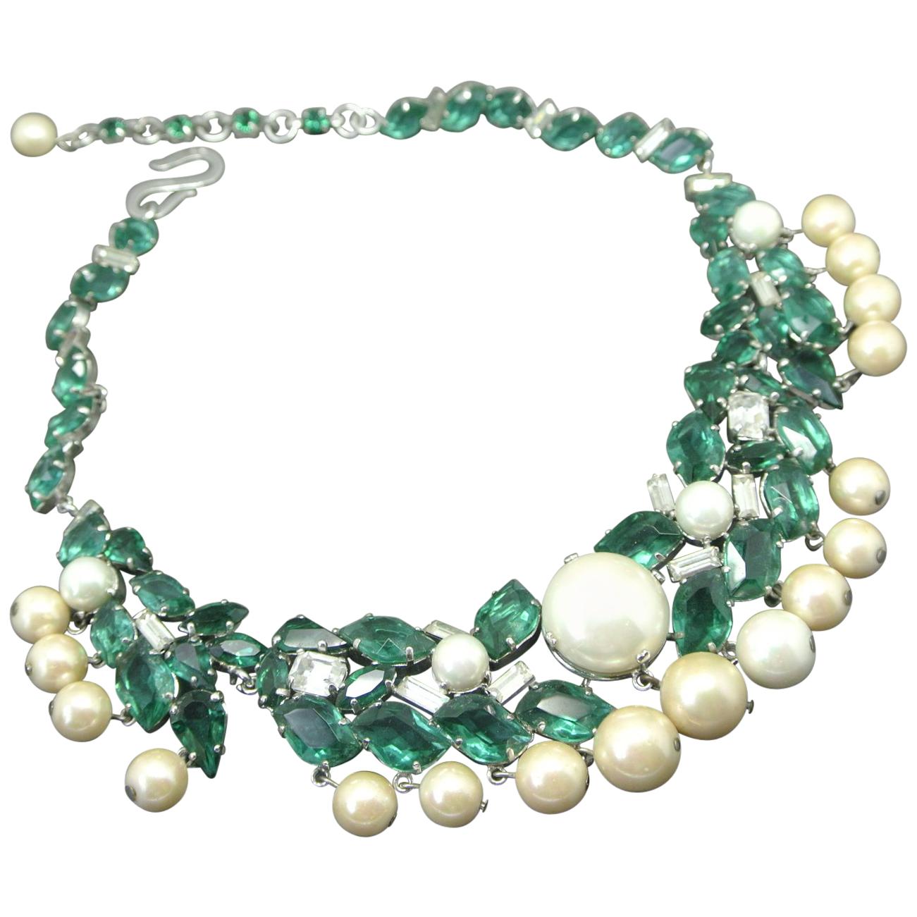 Christian Dior 1960 green irregular crystal faux pearl drop  Necklace