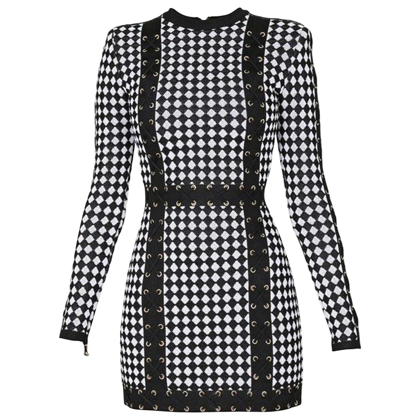 Balmain Checkered Stretch-Knit Mini Dress