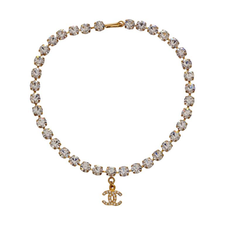 Vintage Chanel Crystal Necklace Cc Logo Gold Choker Charm Rhinestone Mint