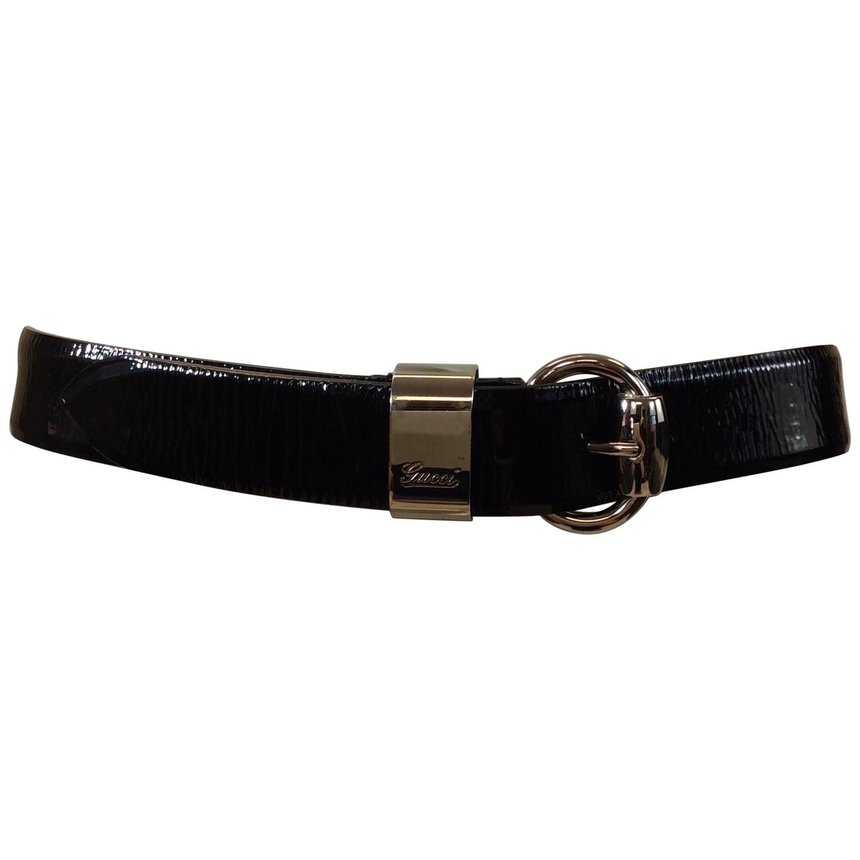 Gucci Black Patent Leather Belt with Silver Hardware For Sale