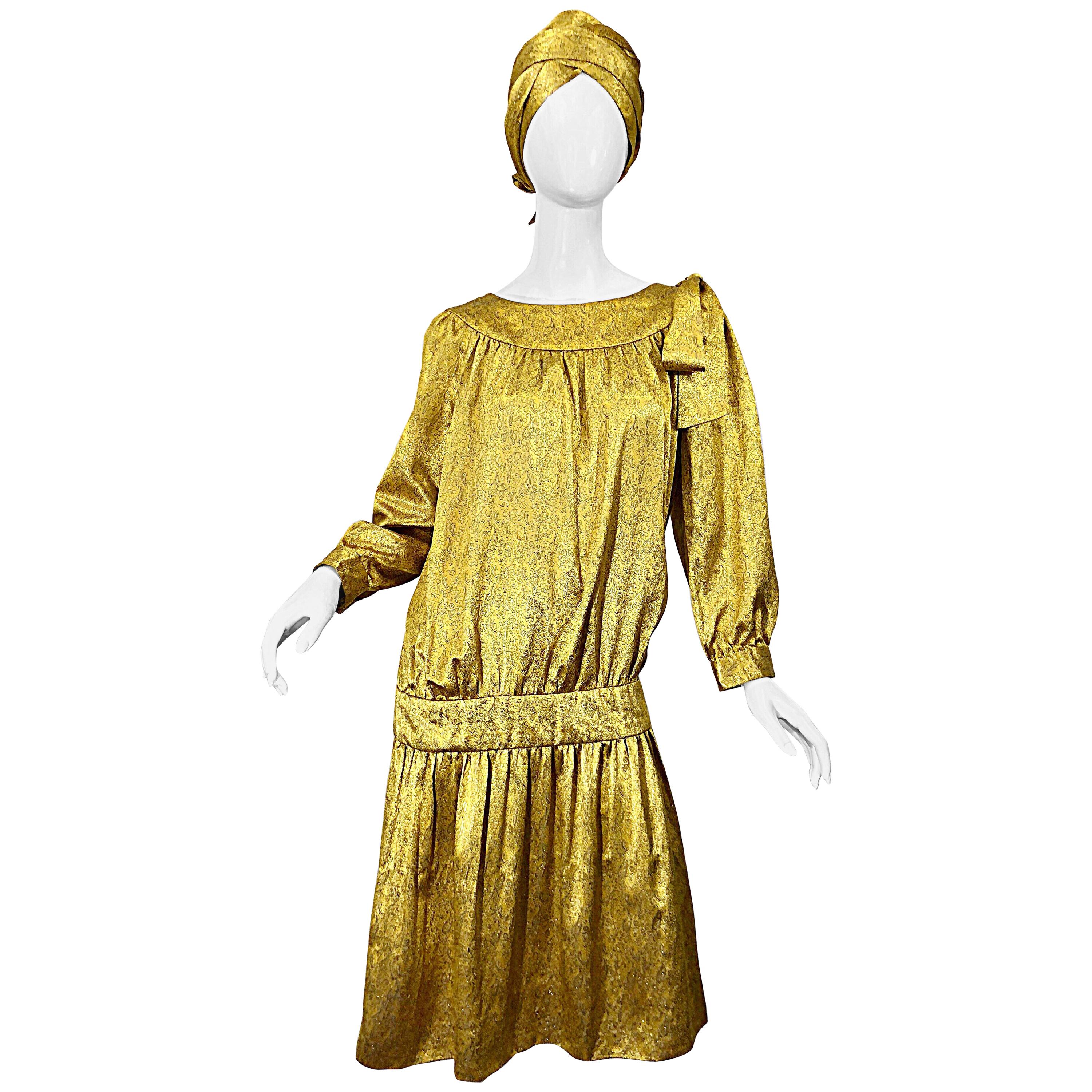 Vintage Brioni Yellow Gold Large Silk 1920s Style Drop Waist Dress Turban Sash