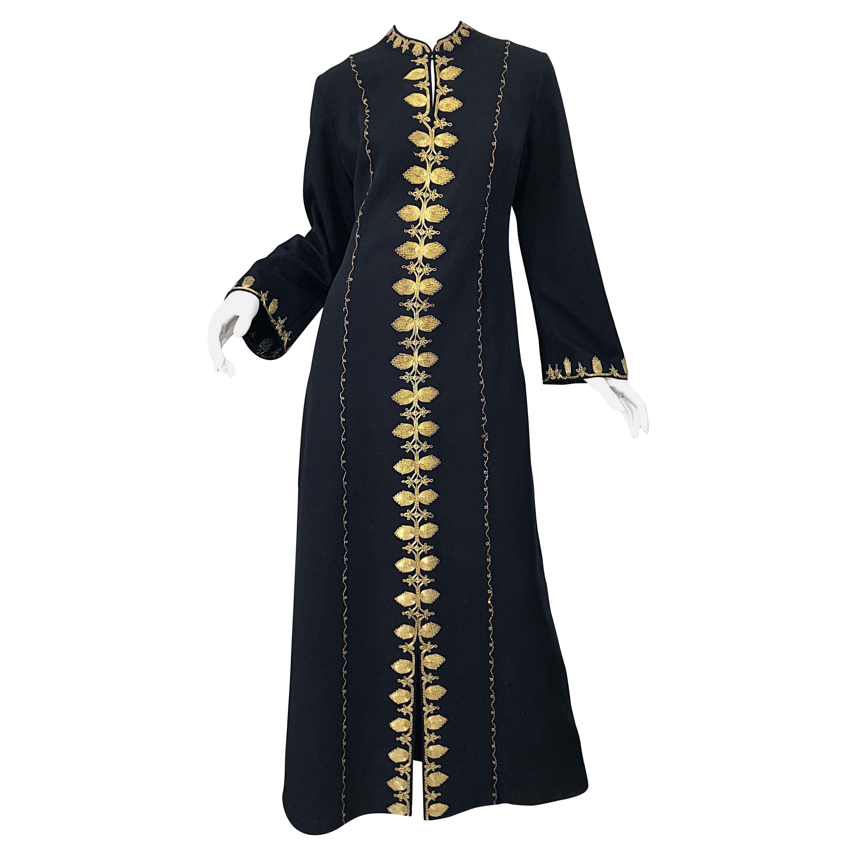 1970s Moroccan Black + Gold Metal Embroidered Vintage 70s Caftan Maxi Dress For Sale