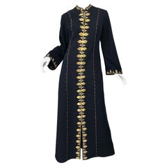 1970s Moroccan Black + Gold Metal Embroidered Vintage 70s Caftan Maxi Dress