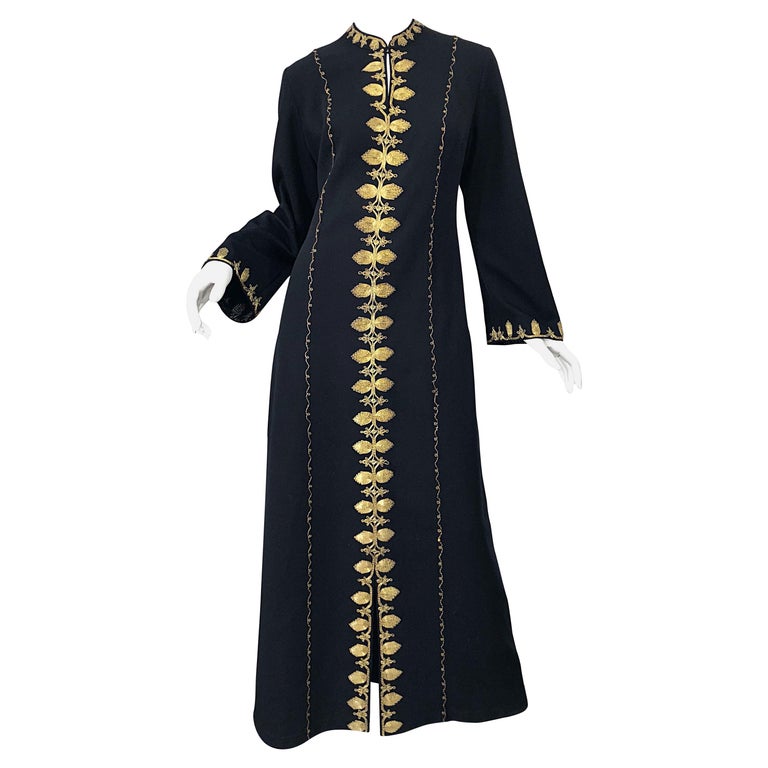 black and gold embroidered maxi dress 1970s Black Wool Gold Embroidered A-Line Caftan Maxi Dress main image 0