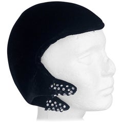 1940s Marshall Fields Black Silk Velvet Rhinestone Avant Garde 40s Cloche Hat