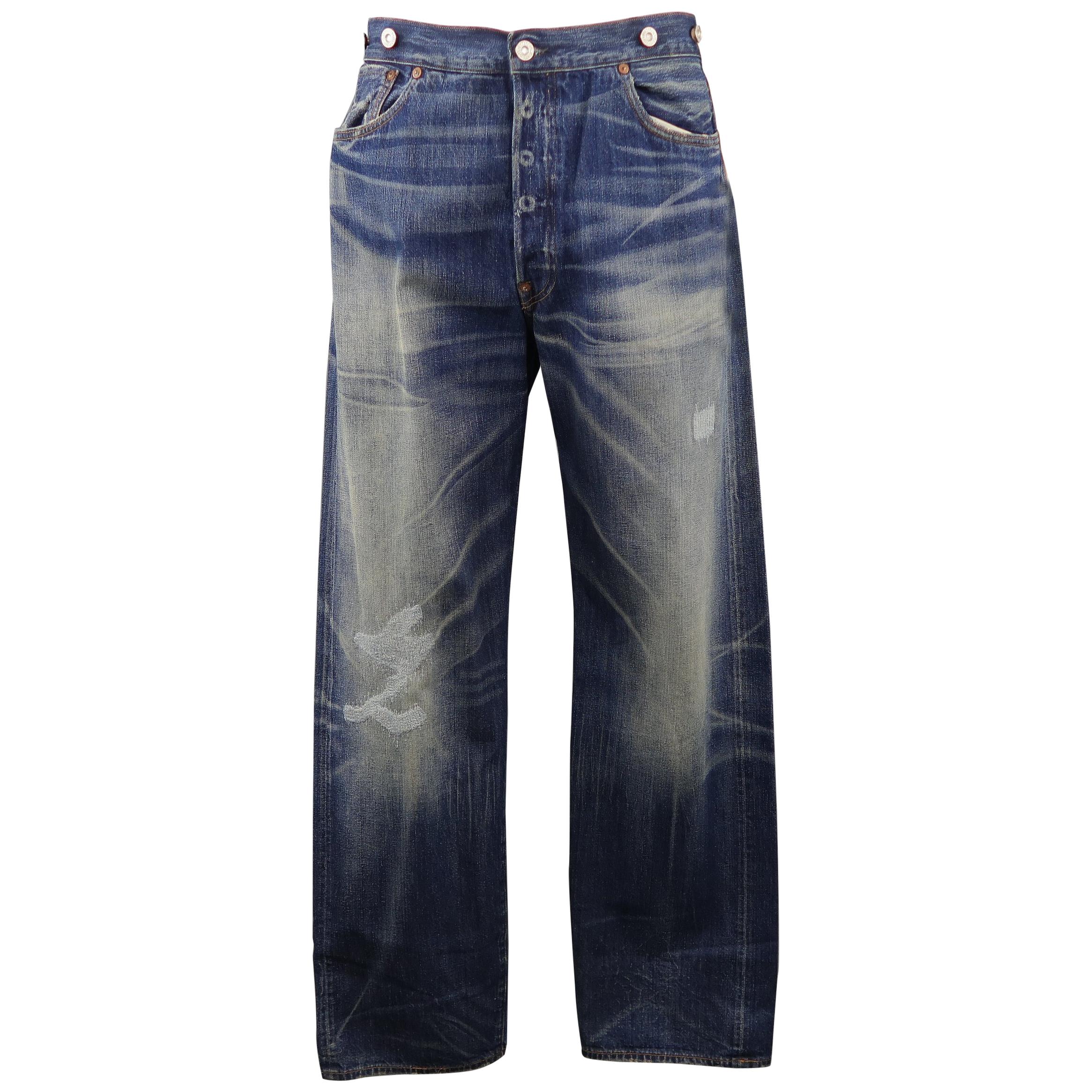 LEVI'S VINTAGE Size 35 Indigo Washed Distressed Selvedge Denim Jeans