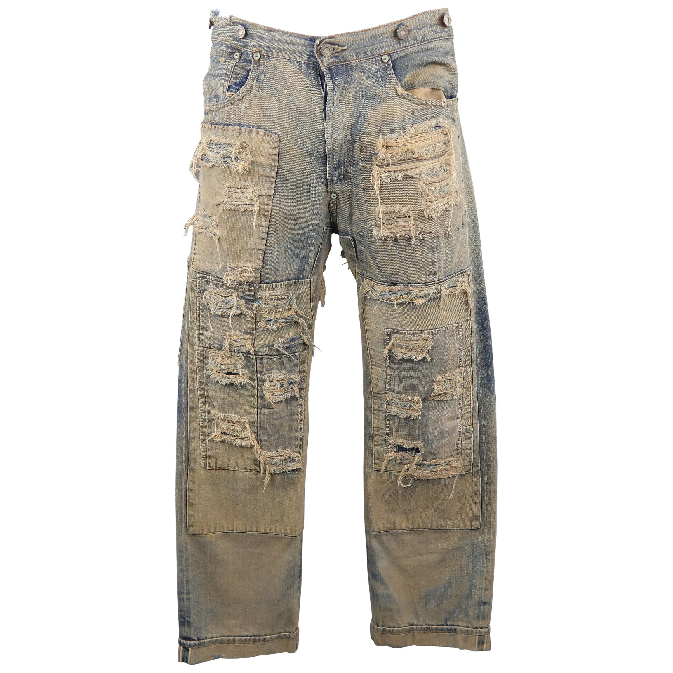 LEVI'S VINTAGE 34 Light Dirty Wash Distressed Selvedge Denim Patchwork Jeans