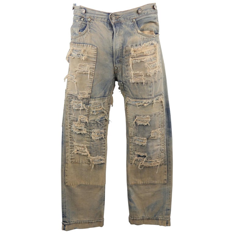 LEVI'S VINTAGE 34 Light Dirty Wash Distressed Selvedge Denim Patchwork Jeans  at 1stDibs | distressed selvedge jeans, patchwork jeans levis