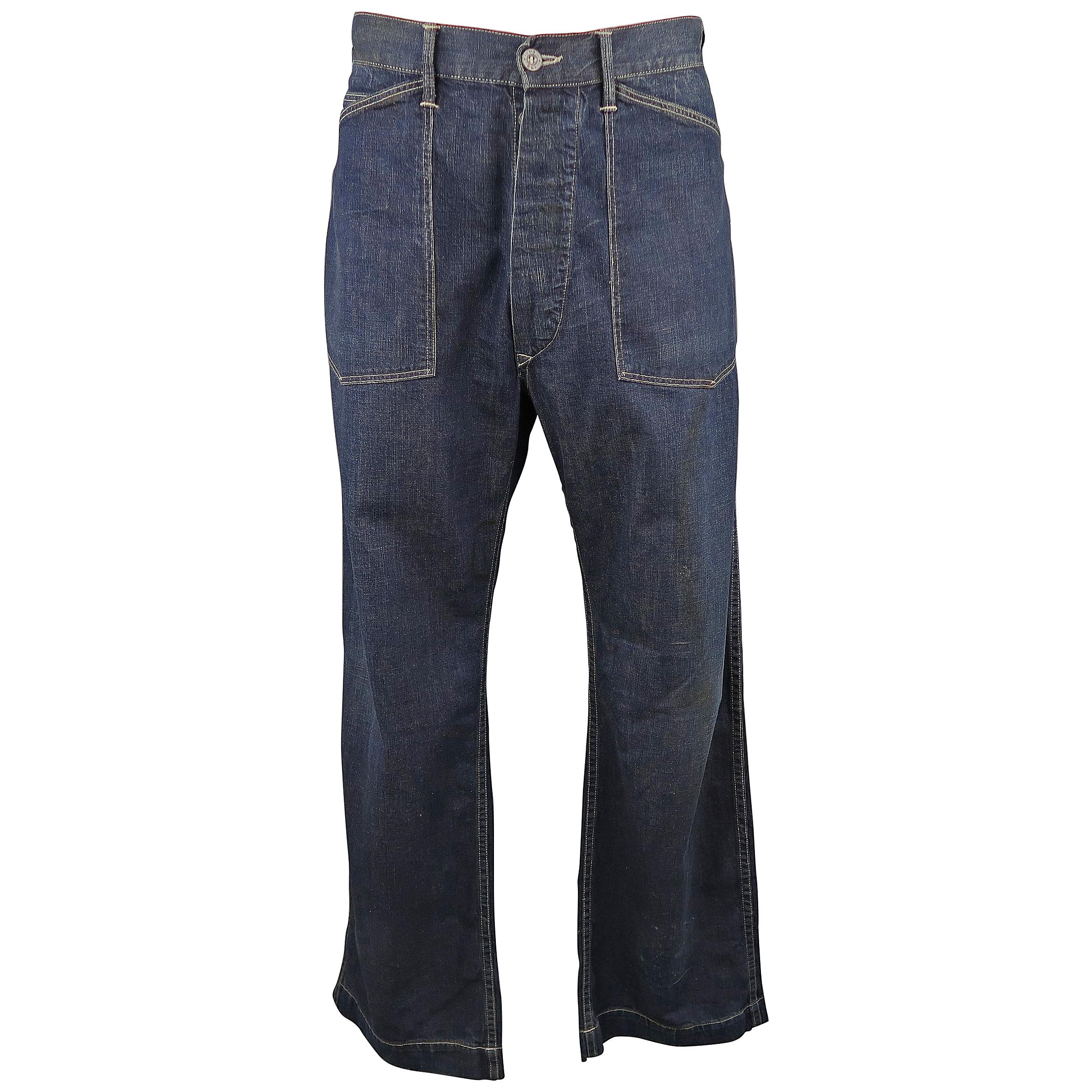 RRL by RALPH LAUREN Size 33 Navy Dirty Washed Denim Contrast Stitch Work Jeans