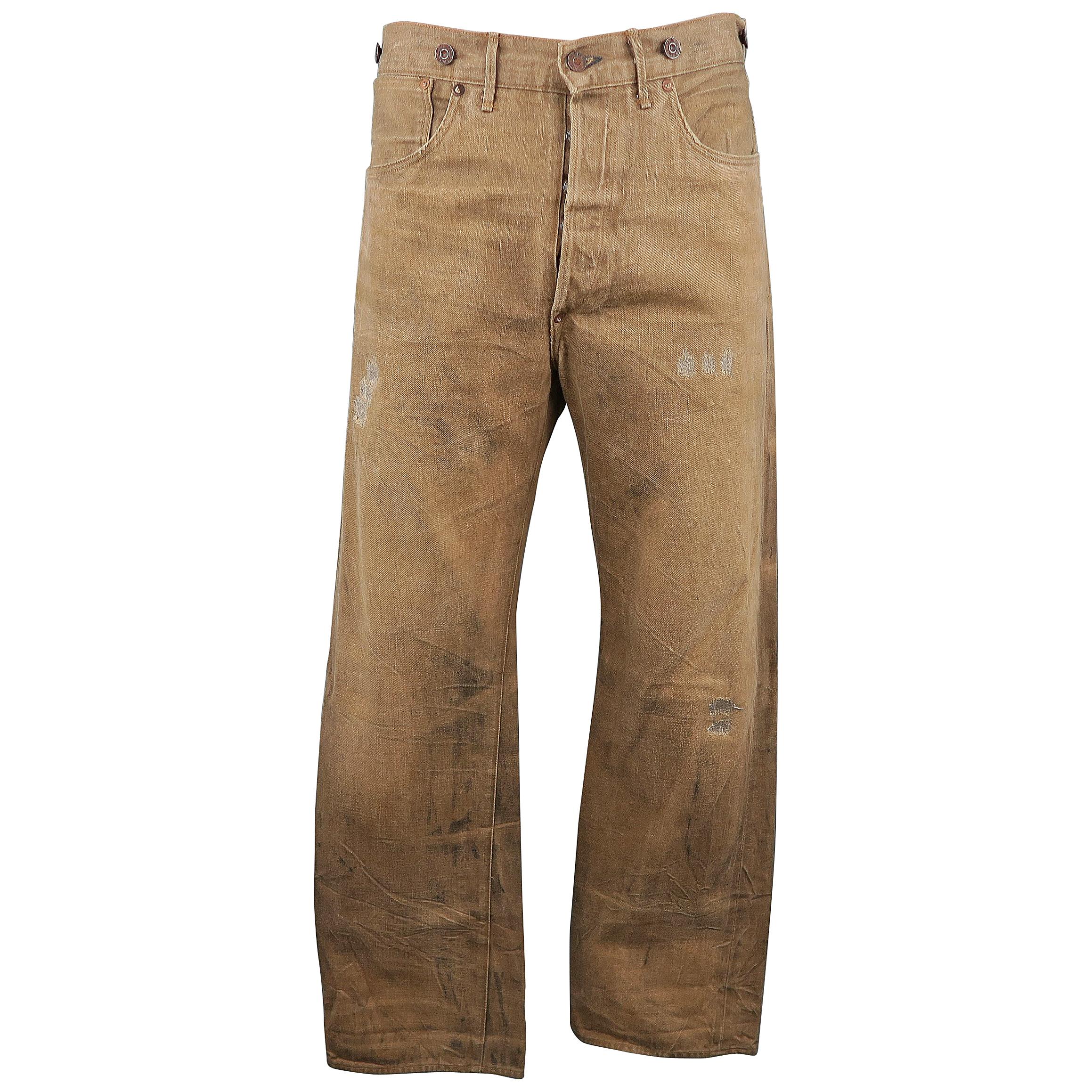 RRL by RALPH LAUREN Size 33 Tan Distressed Dirty Wash Selvedge Denim Jeans