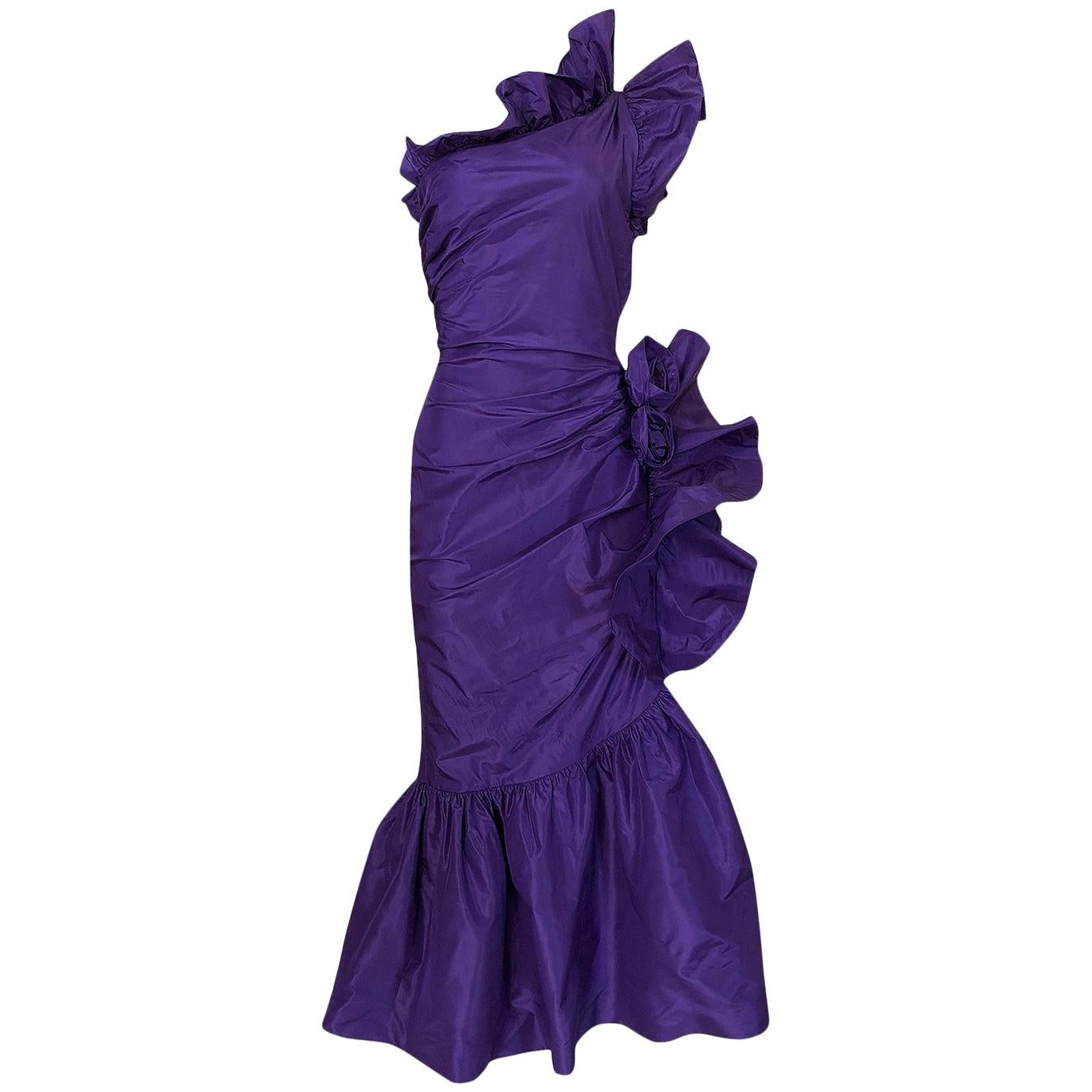 Spring 1982 Unlabeled Givenchy One Shoulder Purple Silk Dress