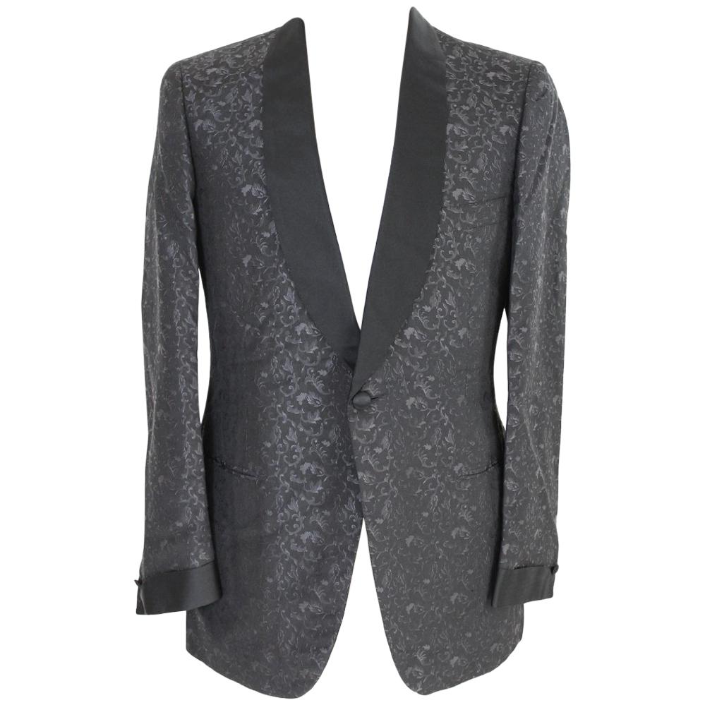1990s Brioni Black Vintage Silk Tuxedo Damask Polished Jacket