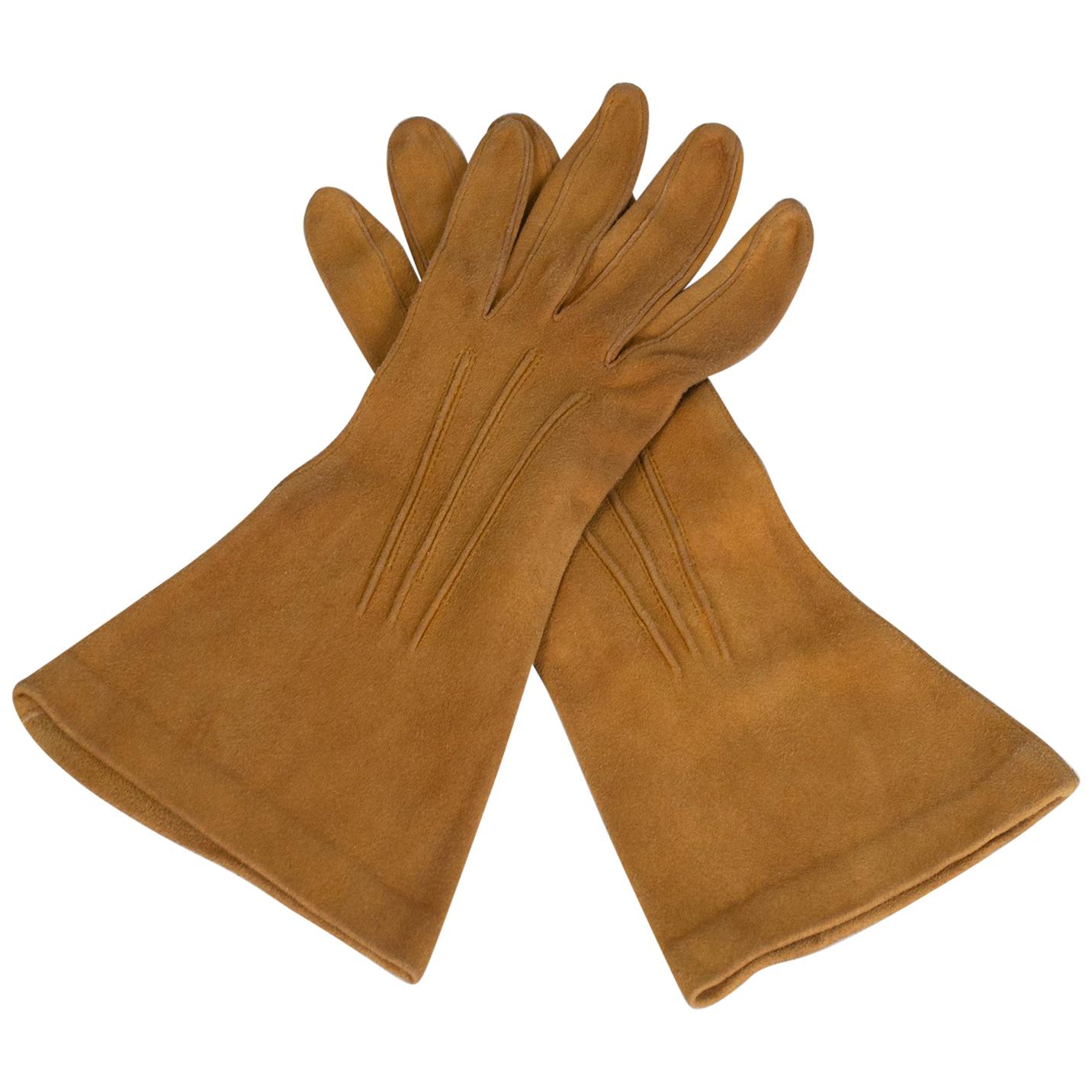 Saddle Tan Suede Three-Point Flared Gauntlet Forearm Gloves, France - S, 1960s