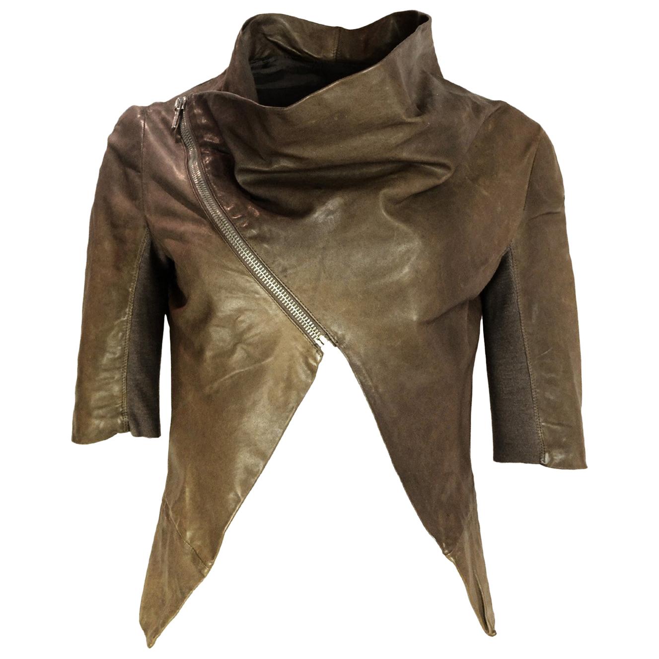 Rick Owens Brown Leather Crop 3/4 Sleeve Sleeve Jacket W/ Asymmetrical Zip Sz M