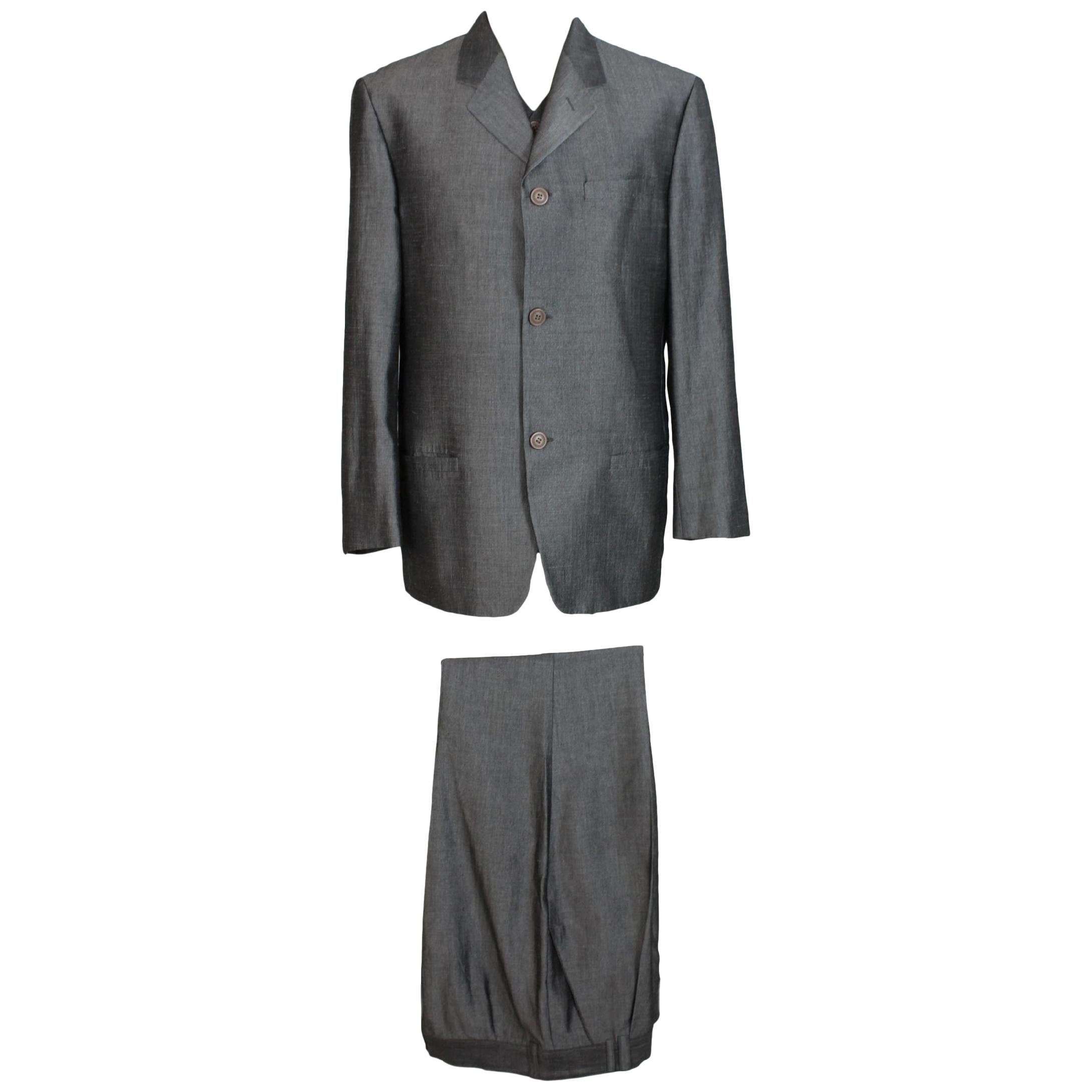1990s Gianni Versace Vintage Pants Suit Gray Linen Set Jacket Waistcoat