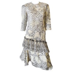 Vintage 1980s Zandra Rhodes Abstract Motif Drop Waist Silk Dress
